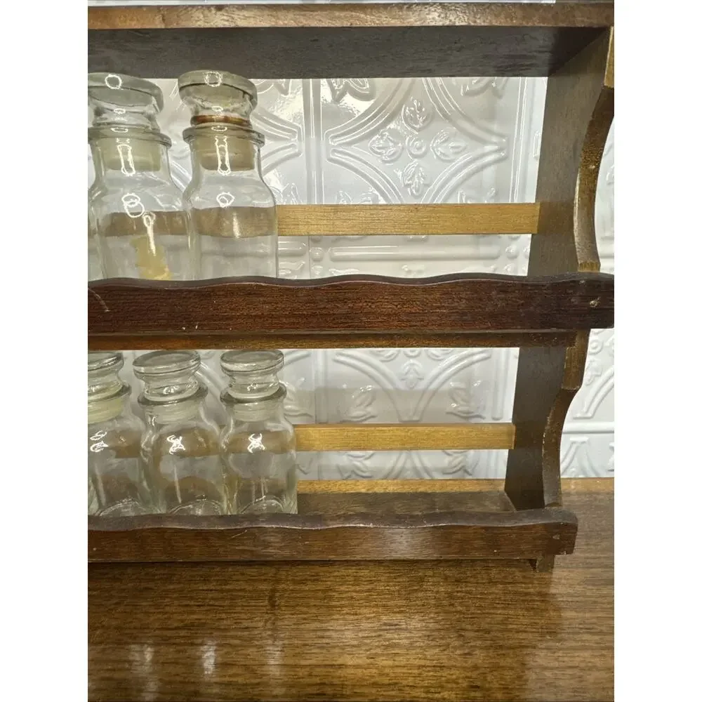 Vintage Wall Hanging Wooden Spice Rack With Glass Spice Jars